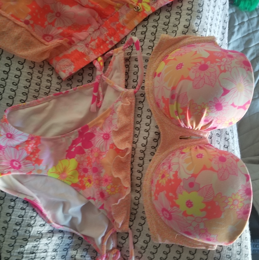 Victoria's secret three piece bikini pink orange